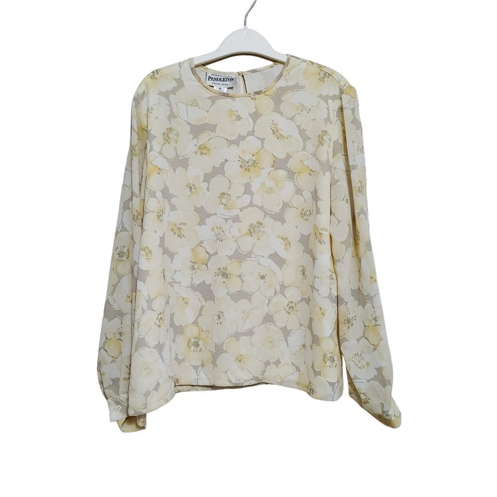 Pendleton Women's Yellow Gray Floral Blouse Size 14 Long Sleeve  Polyester